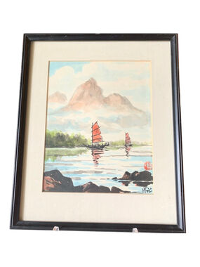 Vintage East Asian Painting Blue Green Mountain Lake with Red Junks